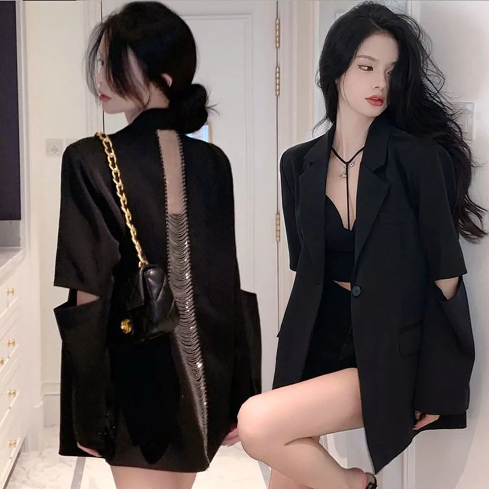 Dam Blazer Monokrom Polyester och Bomull Normal Passform Lång Ärmlängd-1