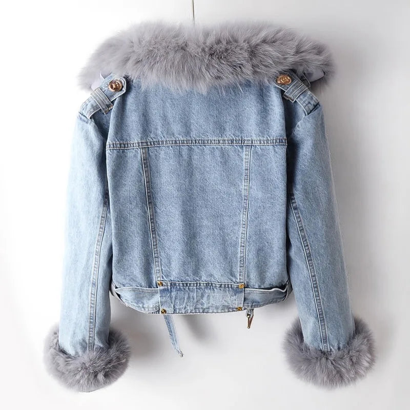 Dam Kappa Avtagbar Krage Denim med Tvättbjörnpäls-3