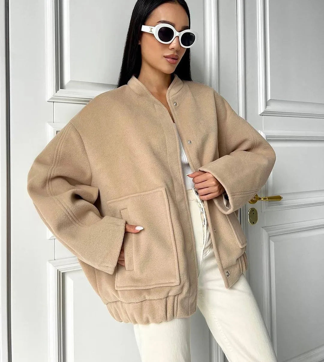 Damjacka Långärmad med Fickor Polyester Elegant Jacka för Dam-2