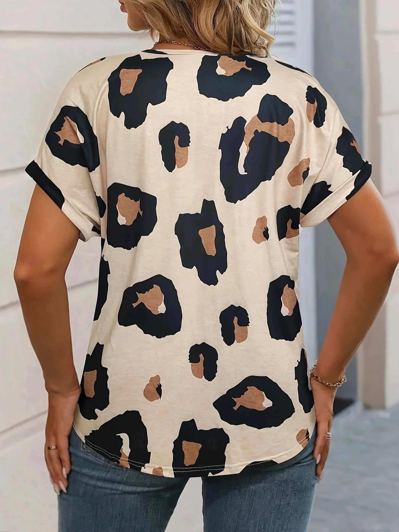 Dam T-shirt V-ringning Leopardmönster 100% Bomull-2