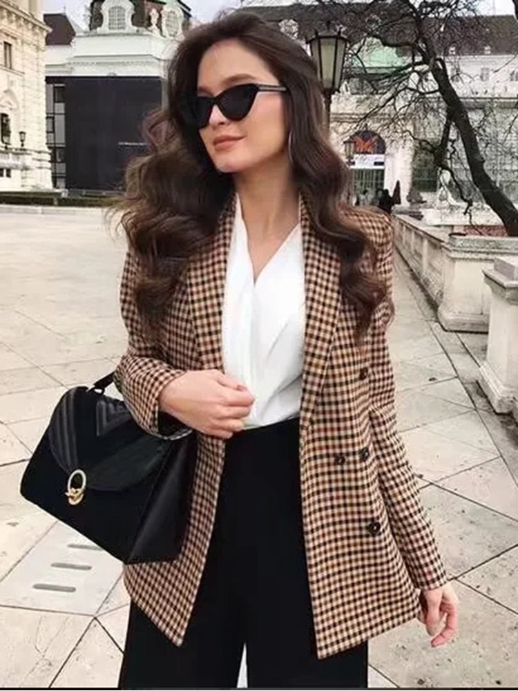 Dam Blazer Modern Kontrollmönster Bomull Polyester Elegant Casual-2