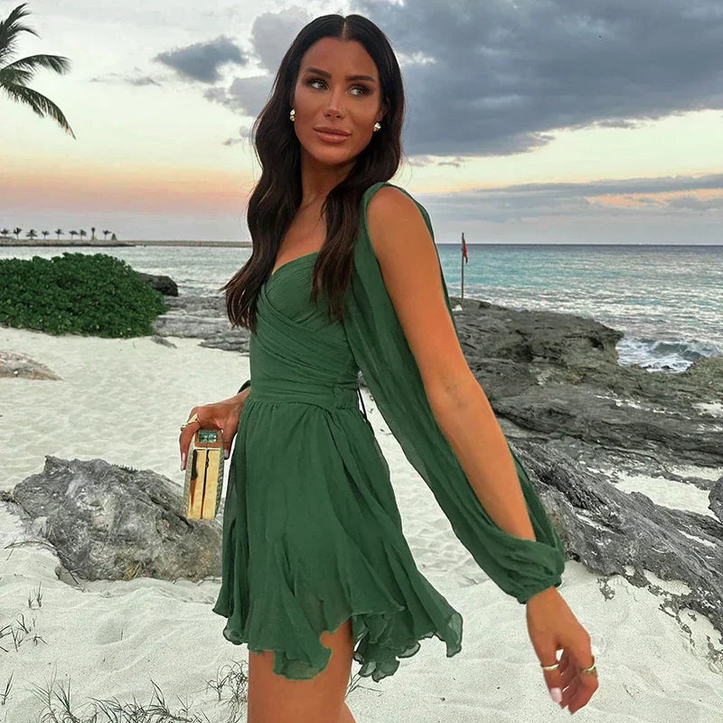 Kvinnors Mini Klänning Puffärmar Polyester Mesh-6