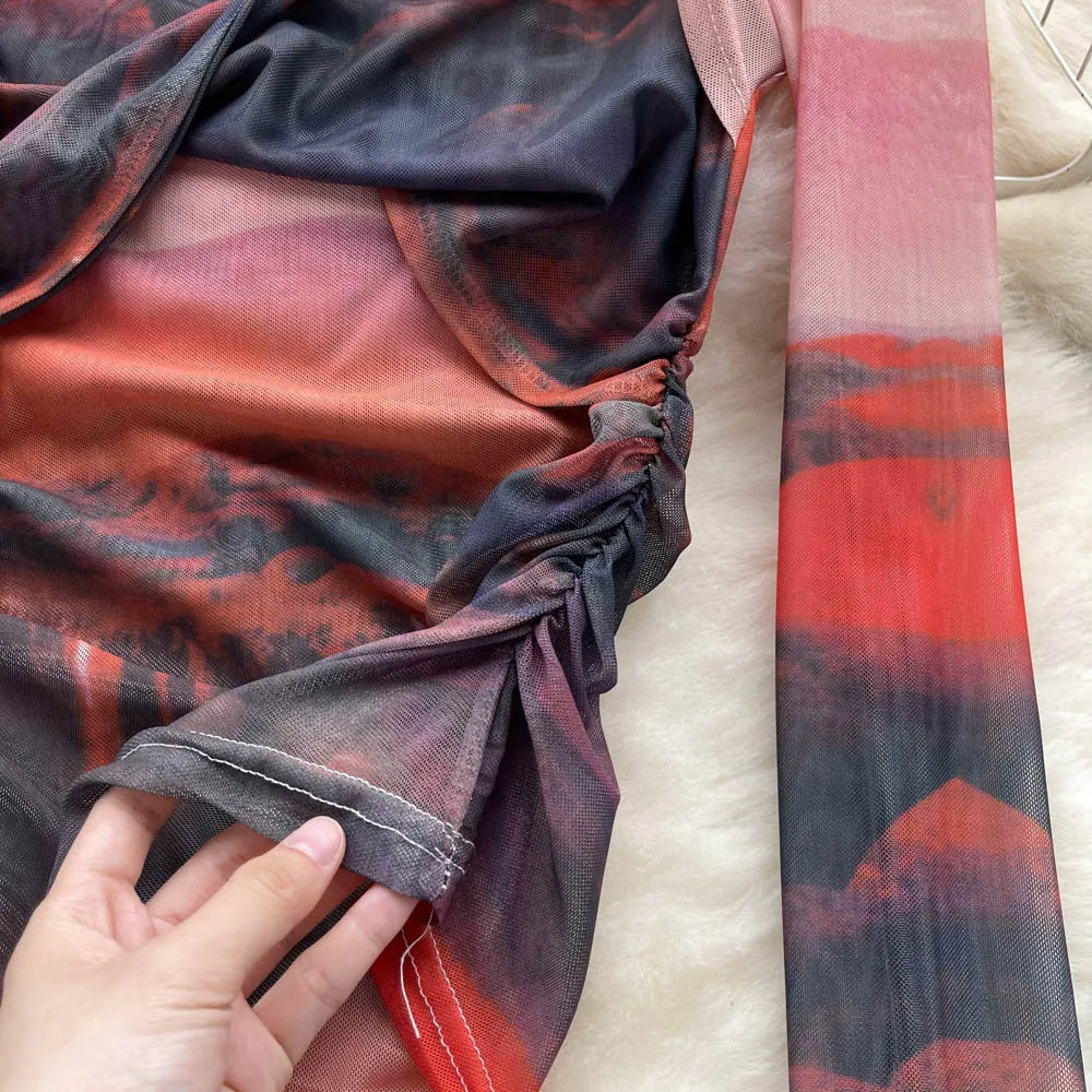 Dam Skördetopp Batikdesign V-ringning Blandat Material-2