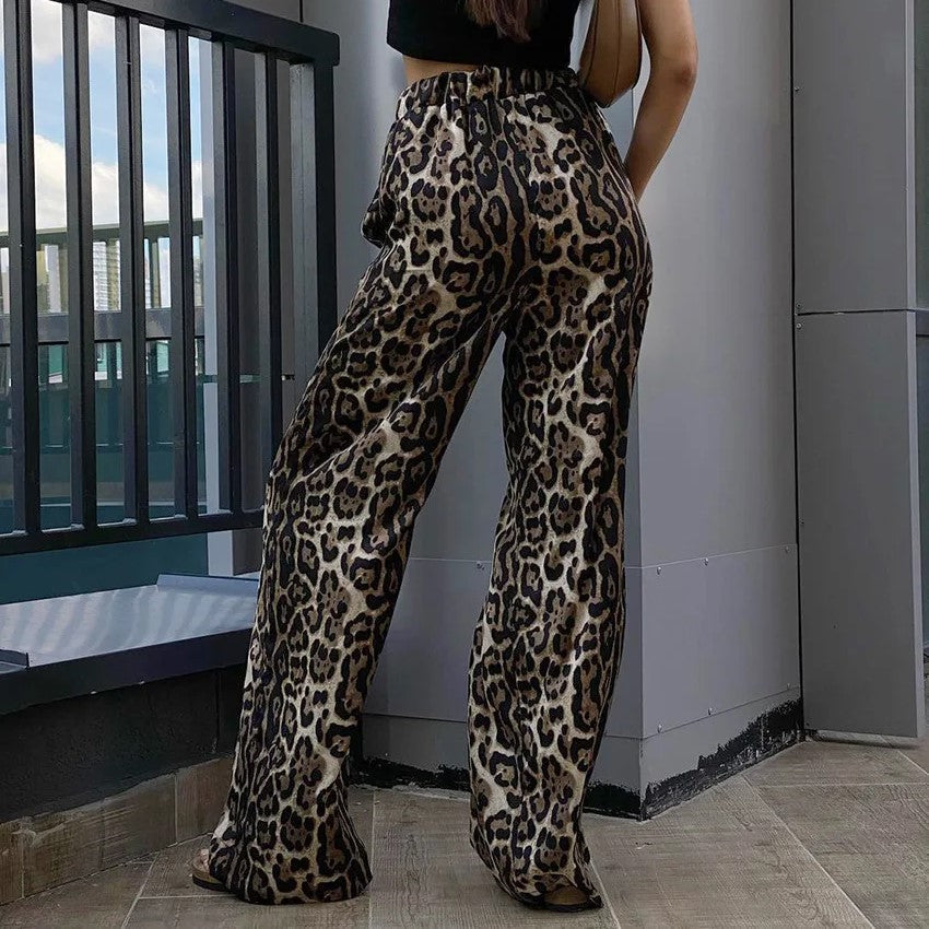 Dam Breda Byxor Leopardmönster Lätt Tyg-2