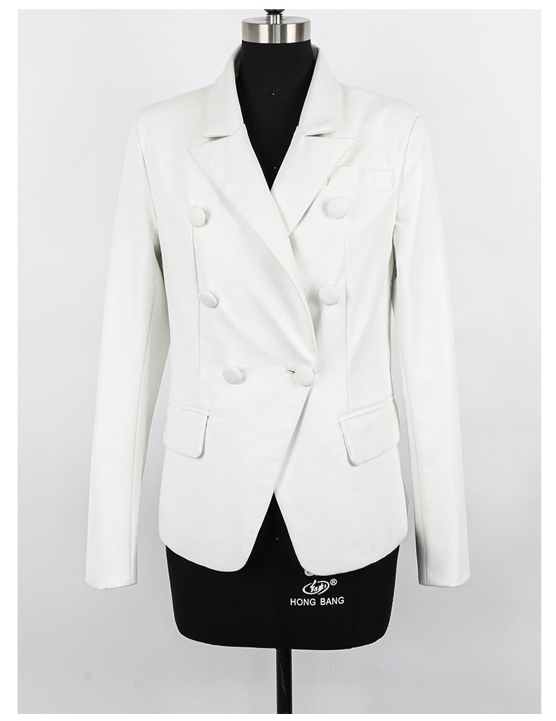 Dam Blazer Trendig Syntetiskt Läder Spetsig Krage Relaxed Fit-6