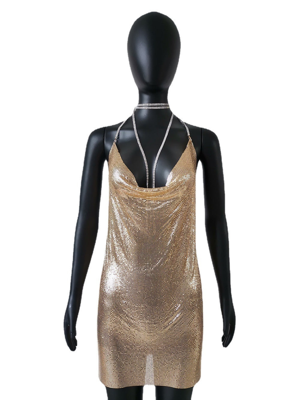 Glittrig Svart Miniklänning med Ryggfri V-Neck Design – Perfekt för Fest och Middag 4