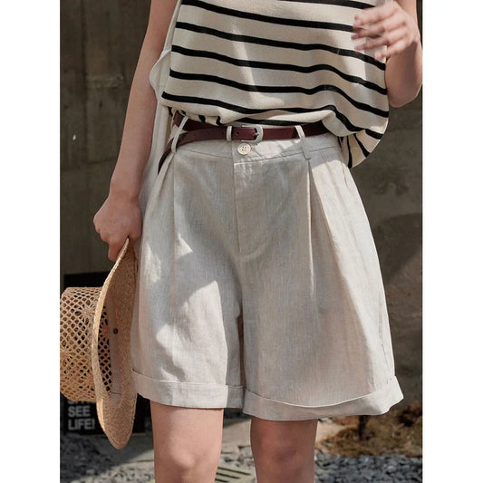 Dam Linneshorts Avslappnad Passform 100% Bomull-1