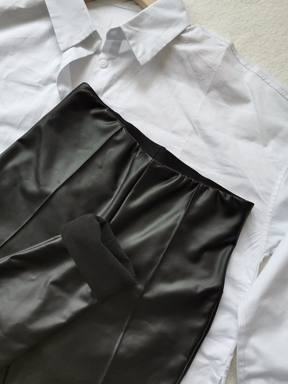 Dam Läderleggings Stretch Fleece Fodrade-5