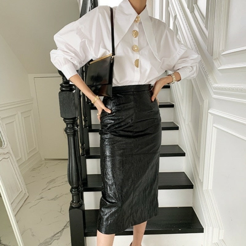 Dam Blus Knäppt Front Ballongärmar Syntetfiber 2