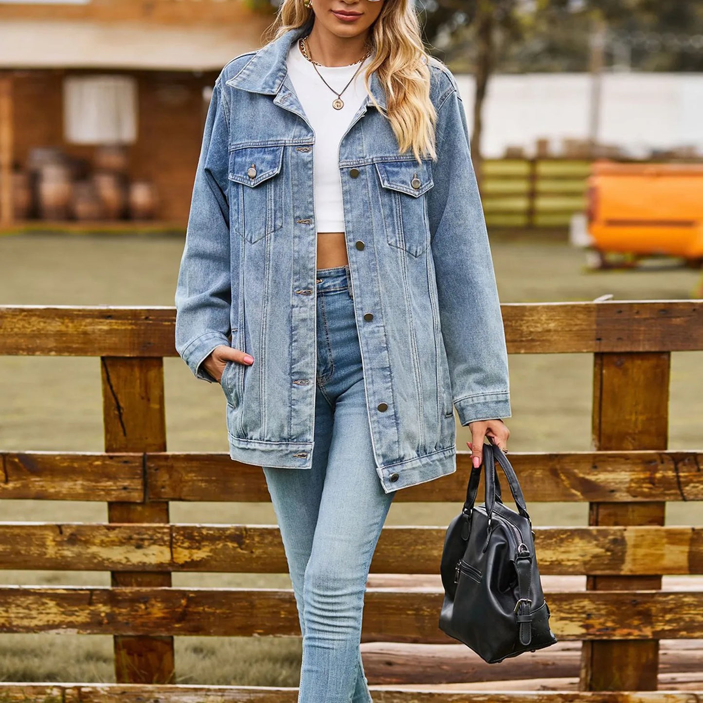 Dam Denimjacka Klassisk Vintage Design Mjuk Denim-3