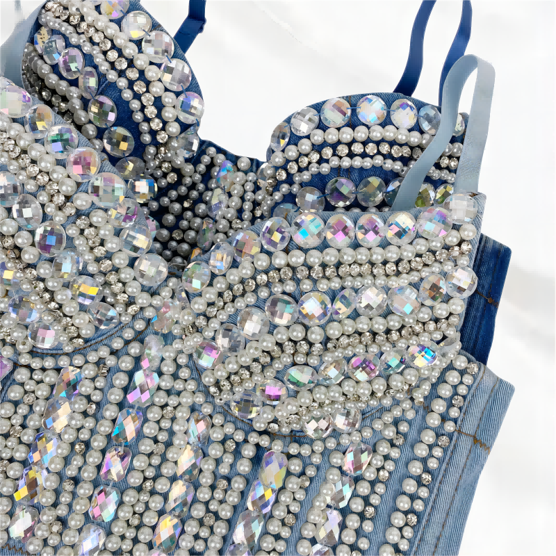 Dam Festtopp Glittrig Paljett Denim Crop Top-6