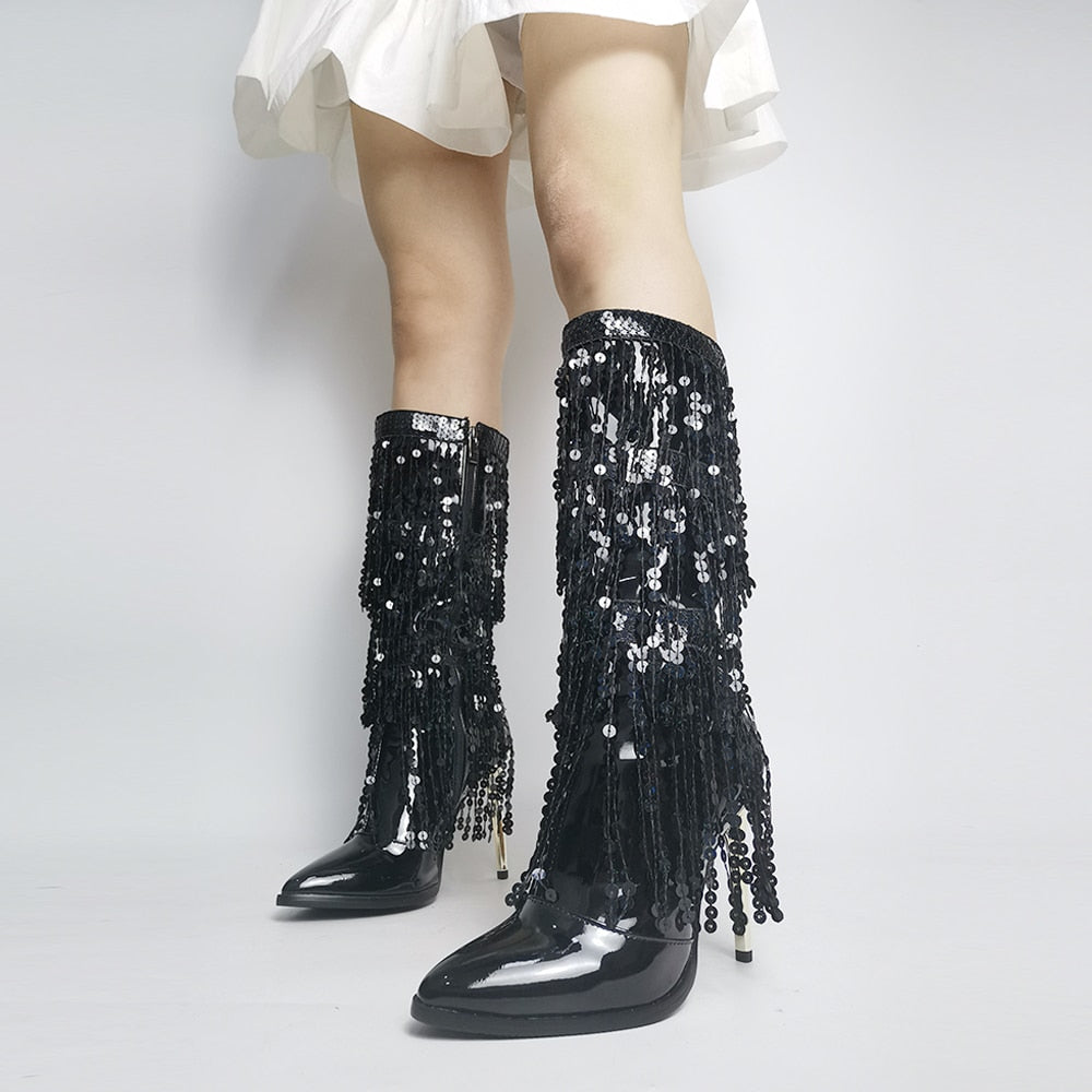 Knästövlar för Dam i Svart Mikrofiber med Trendig Metalldesign och Plattform – Slip-On Knäskor för Vår och Sommar 5
