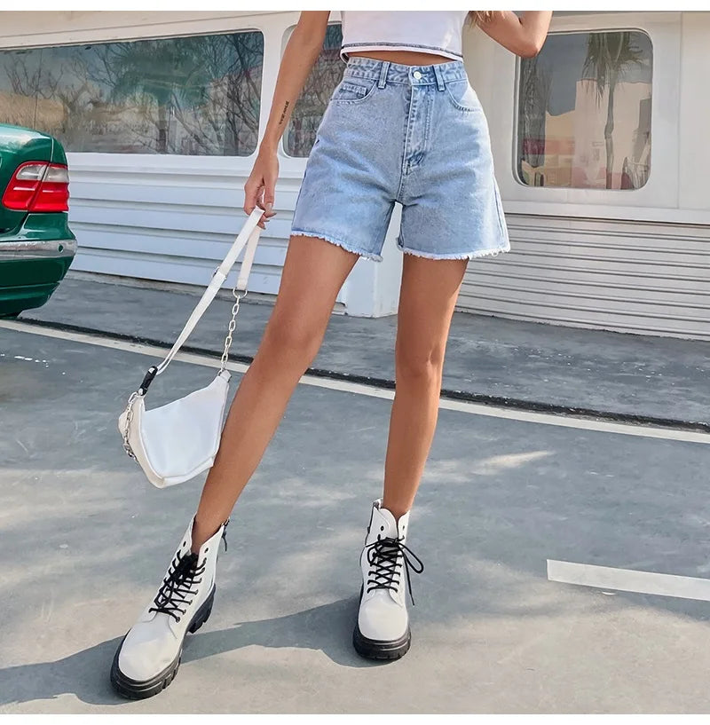 Dam Denimshorts Hög Midja Avslappnad Denim 4