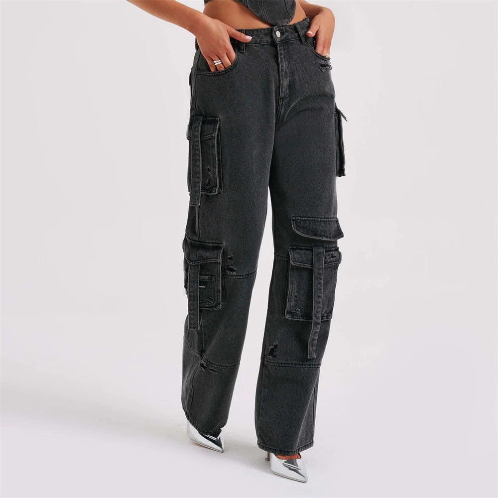Dam Lastbyxor i Denim Avslappnad Passform med Flera Fickor-2