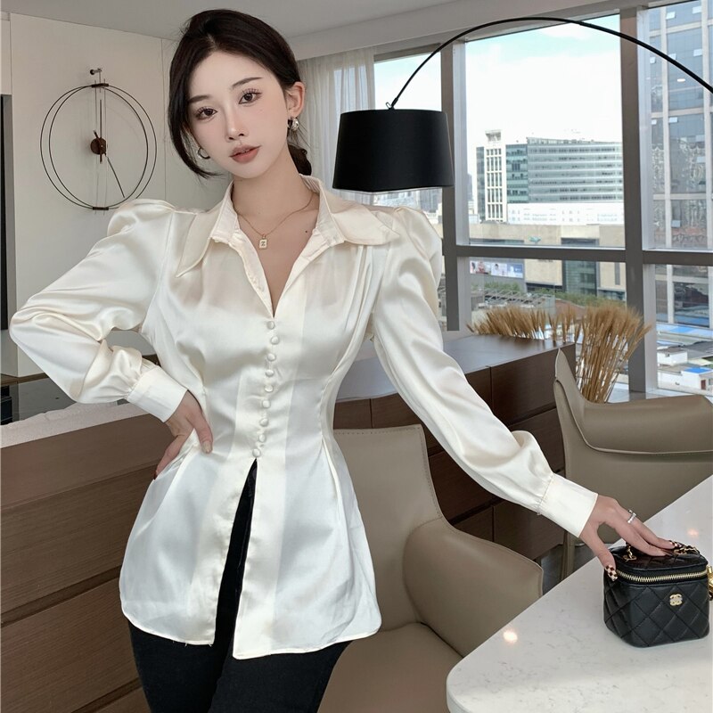 Dam Blus Puffärmar Satin Polyester-3