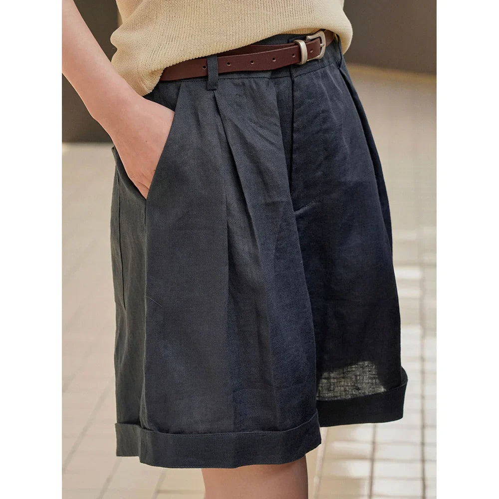 Dam Linneshorts Avslappnad Passform 100% Bomull-3