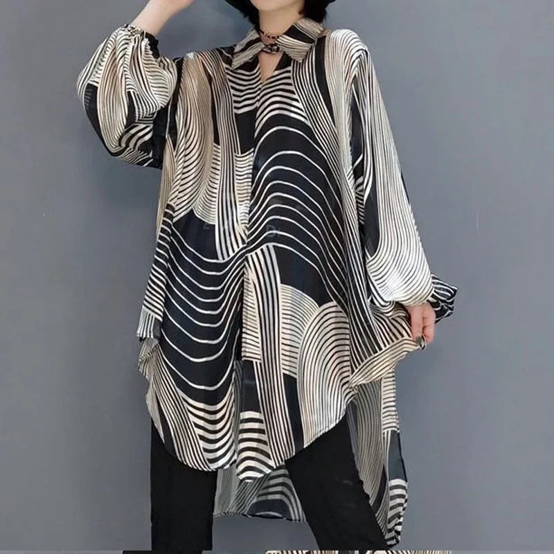 Dam Blus Långärmad Randig Polyester Rayon-4
