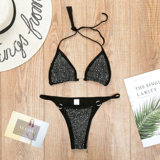 Damernas Tvådelade Bikini Monokrom Polyester med Push Up Kuddar-1