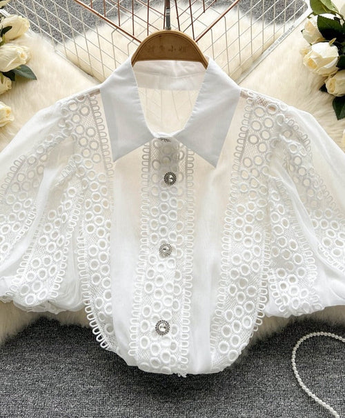 Dam Blus Puffärmar Mjuk Bomull Monokrom 1