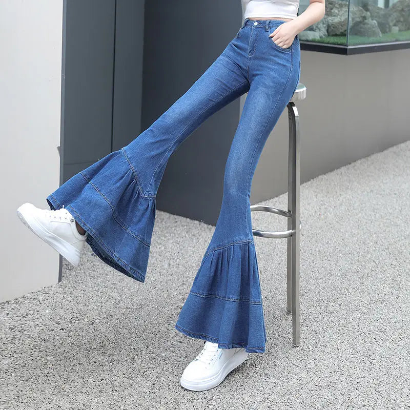 Dam Jeans Hög Midja Schlagjeans Bomull Denim-2