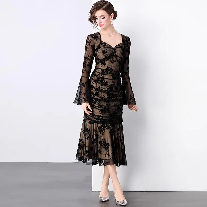 Damklänning Midi Fyrkantig Halsringning Flockad Detalj Bomull Polyester-3