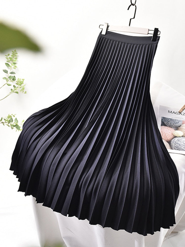 Dam Hög Midja Veckad Lång Kjol Polyester Elastan-3