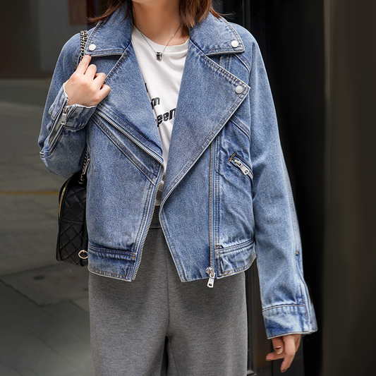 Dam Vintage Denimjacka Urban Stil Tvättad Denim-1