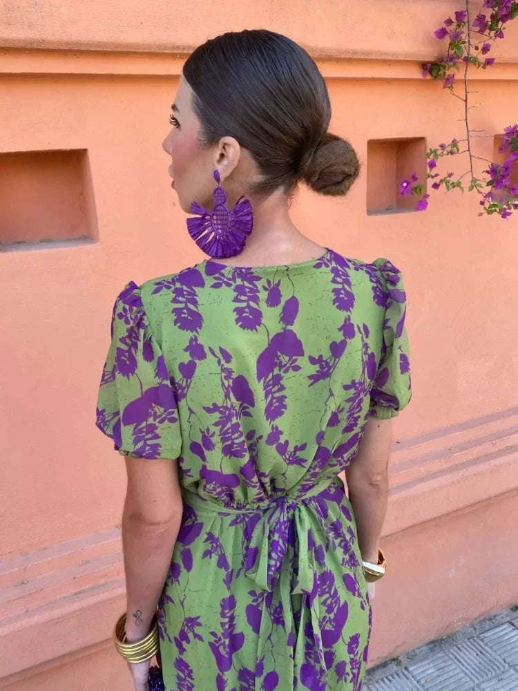 Kvinnors Wrap Klänning Blommönster Kort Ärmar Andningsbart Tyg 2