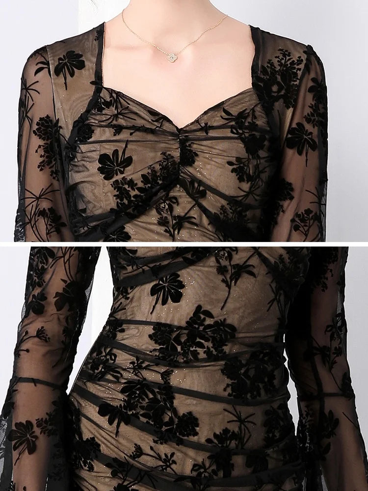 Damklänning Midi Fyrkantig Halsringning Flockad Detalj Bomull Polyester-5