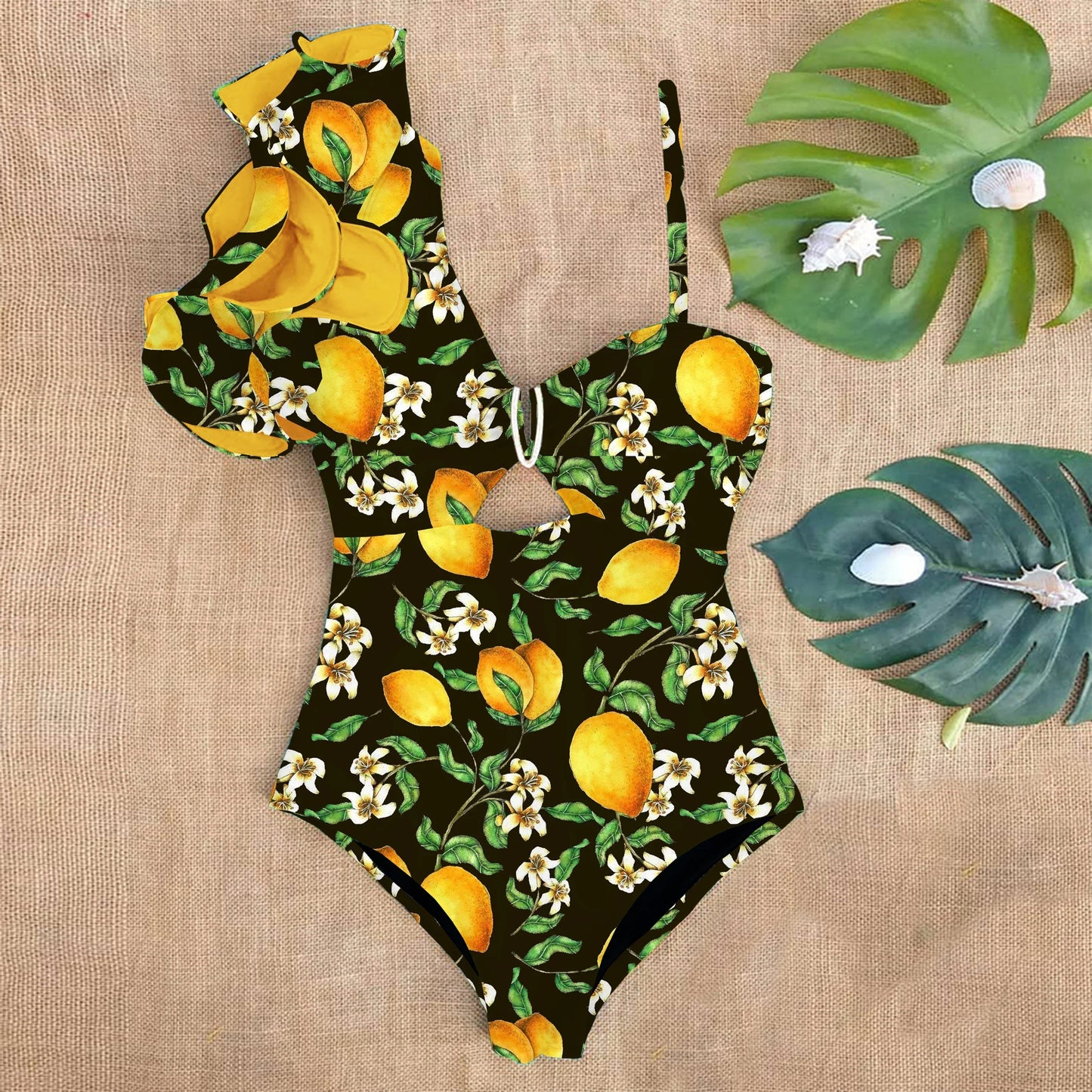 Baddräkt Dam En Bit Blommönster med Ruffles Elastan Nylon Polyester-6
