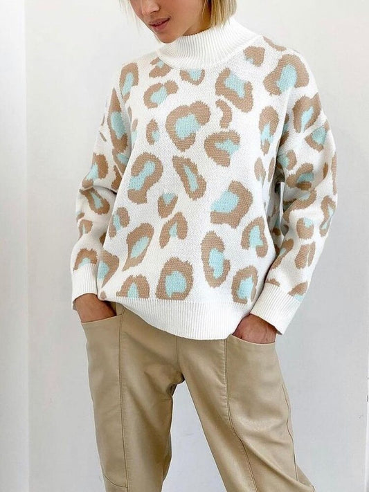 Dam Turtleneck Leopardtryck Sammetisk Stickning-1