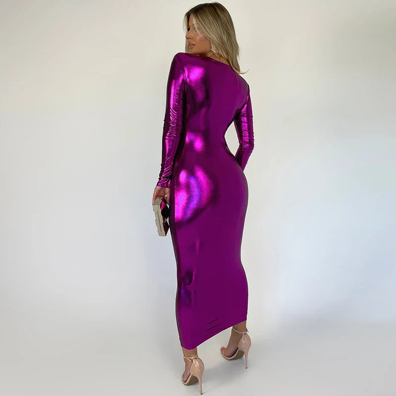 Dam Midiklänning Draperad Polyester Slim Fit V-Ringning Lång Ärmar-2