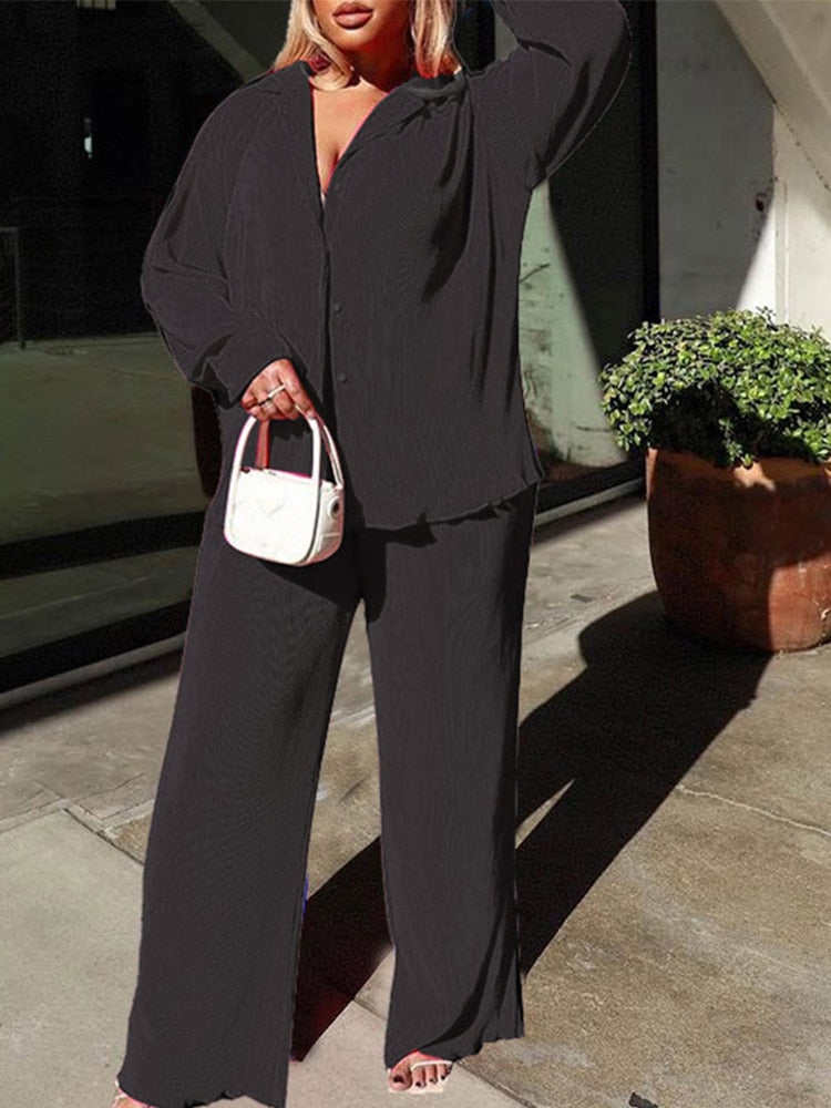 Variant image for Kvinnors Lång Skjorta och Breda Byxor Tvådelad Uppsättning Högkvalitativt Material-2