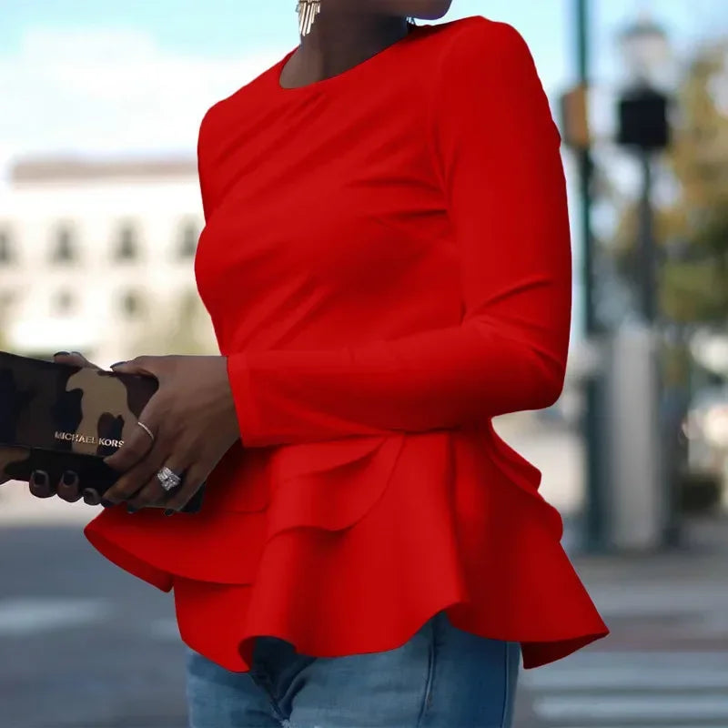Dam Blus med Ruffles Långärmad Polyester och Spandex-2