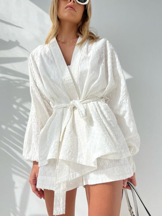 Dam Kimono Morgonrock med Bälte i Texturerad Polyester 1