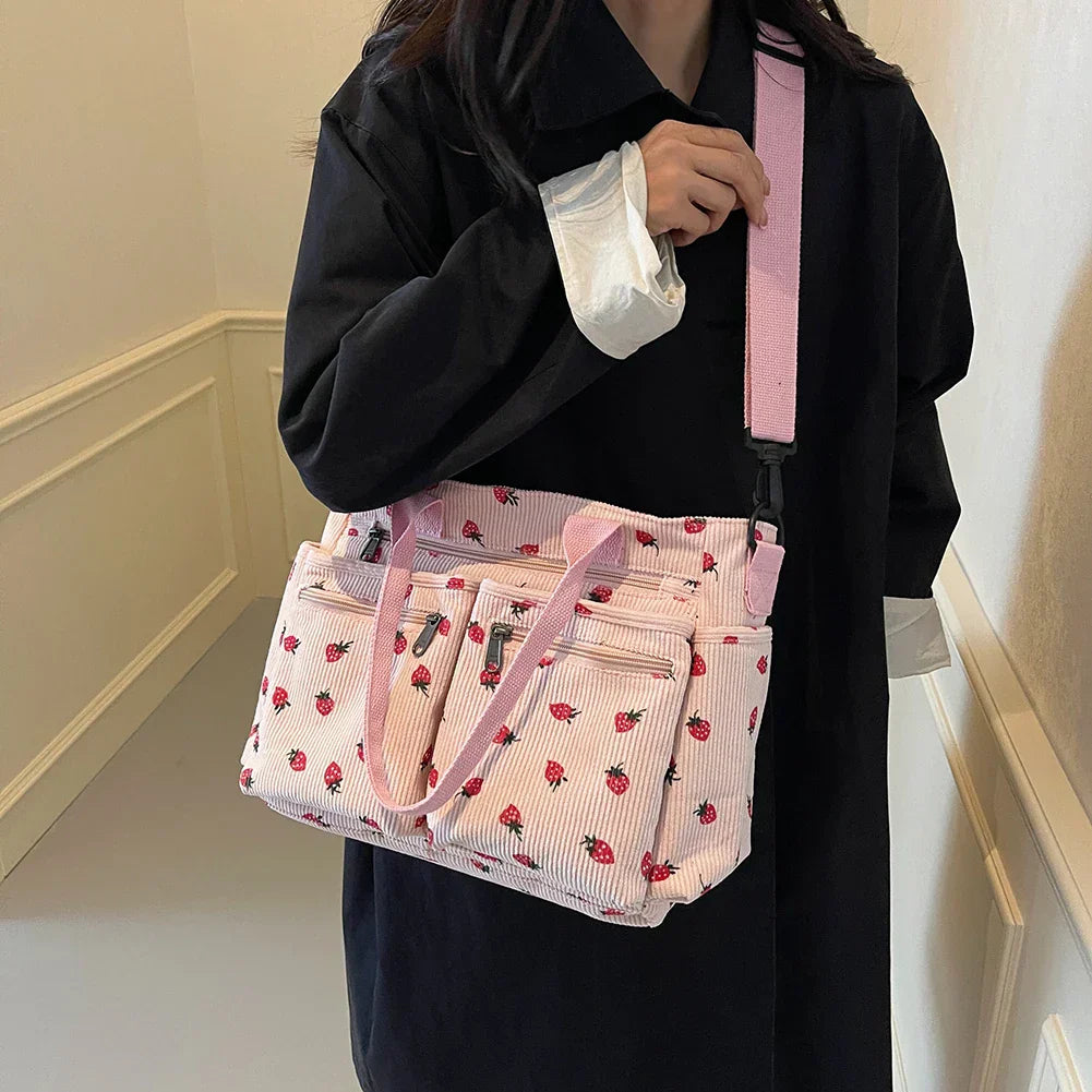 Dam Axelväska Broderad Corduroy Rymlig och Bekväm 2