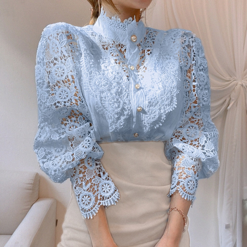Variant image for Dam Blus Blommönster Polyester och Bomull med Spetsdetalj-3
