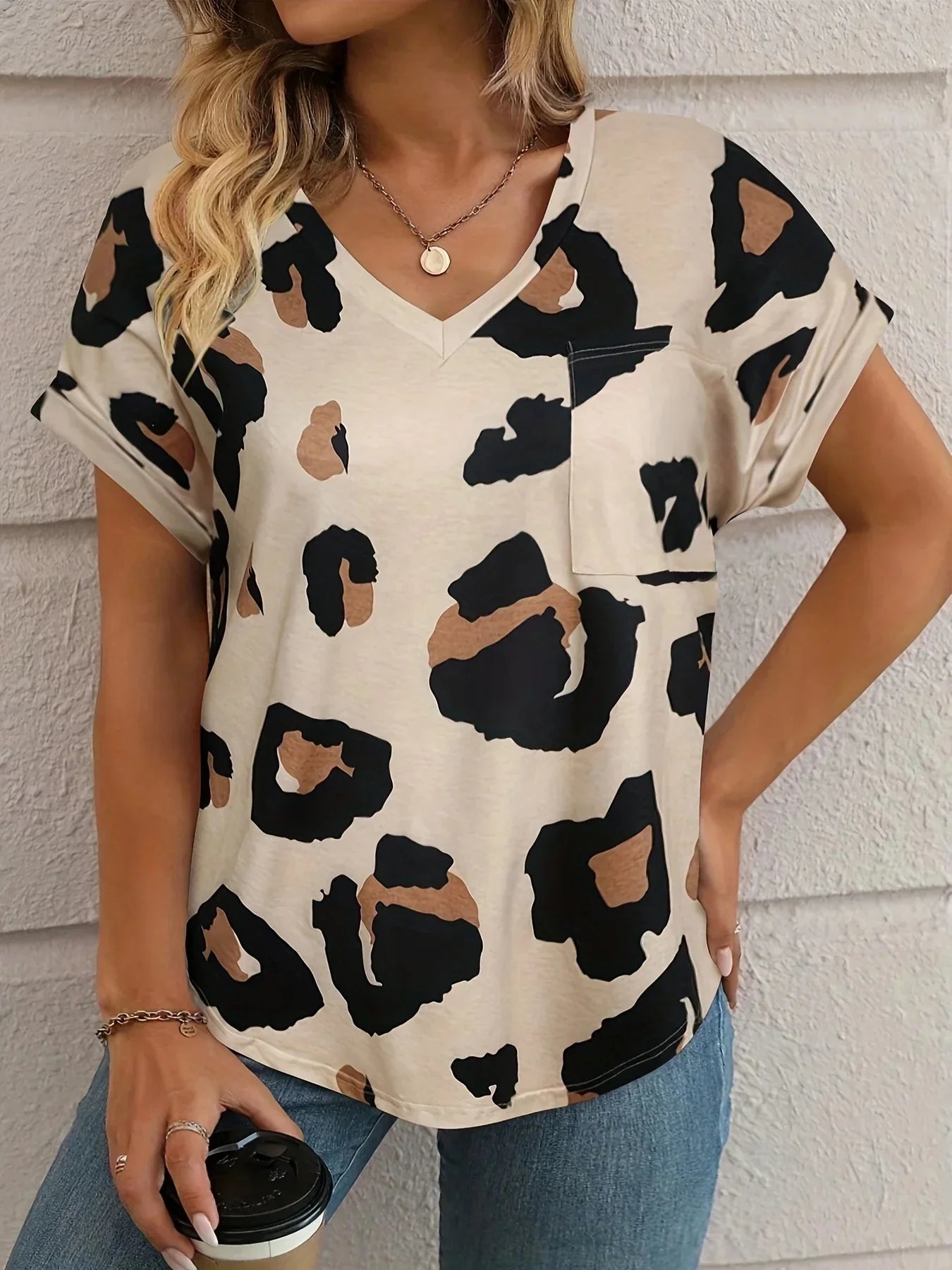 Dam T-shirt V-ringning Leopardmönster 100% Bomull-4