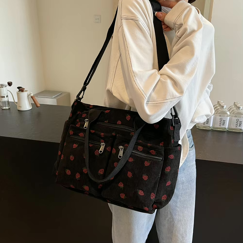 Dam Axelväska Broderad Corduroy Rymlig och Bekväm 5