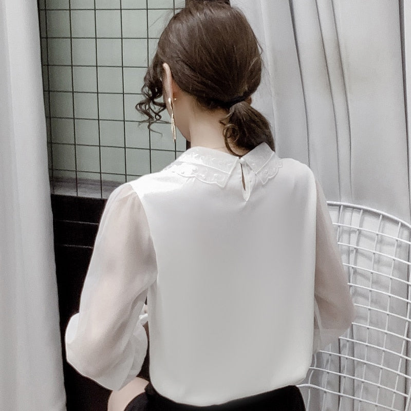 Vit Dam Blus med Illusionshals Lång Ärmar Syntetfiber-4