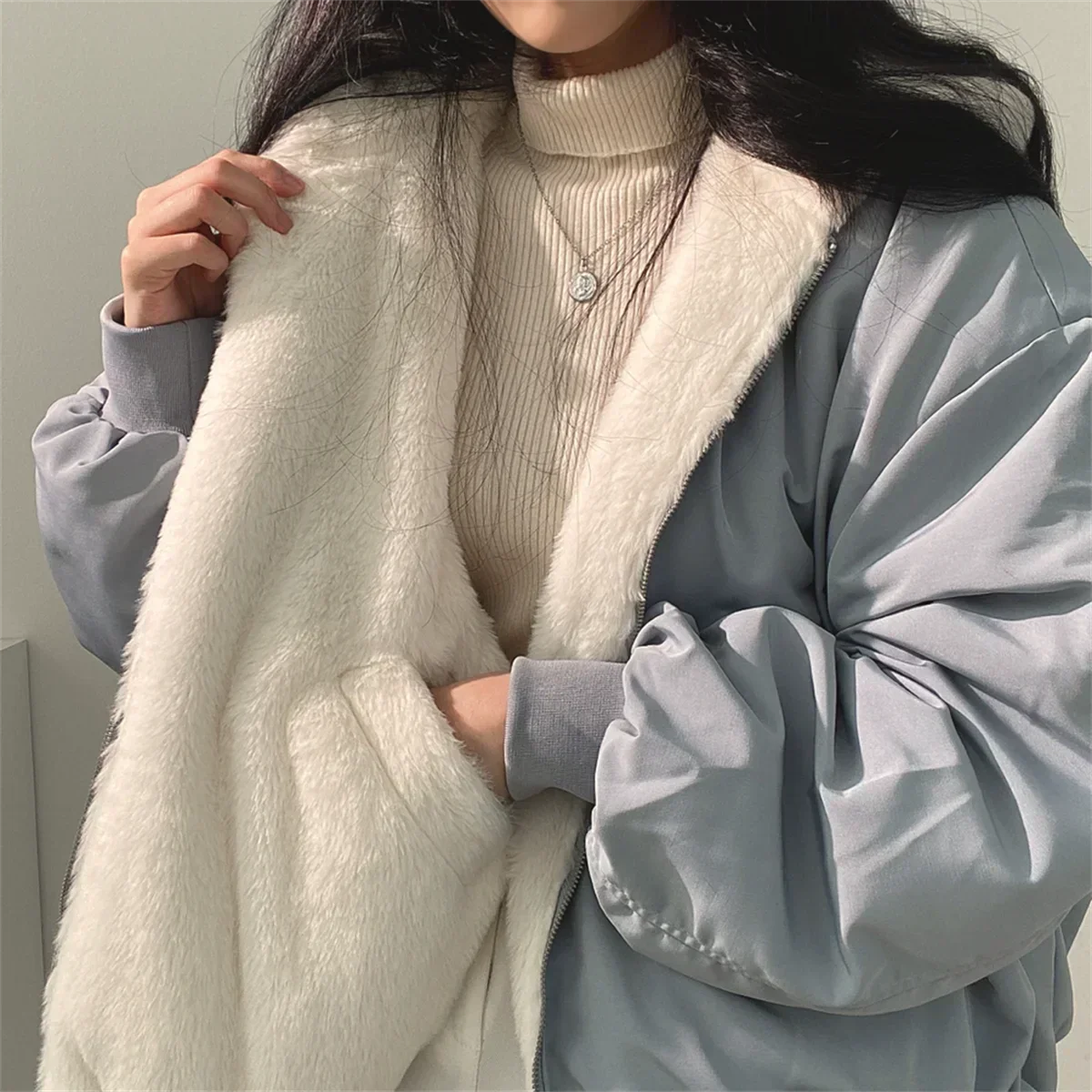 Herrjacka Reversibel Avslappnad Polyester för Höst-3