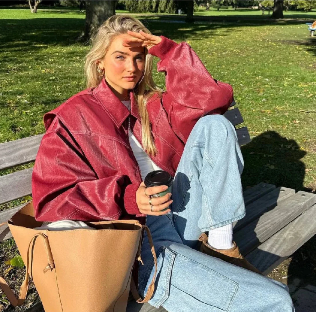 Dam Oversized Skinnjacka PU-Läder Med Stående Krage-4