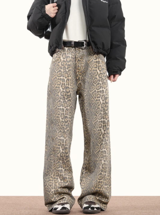 Dam Jeans Leopardmönster Trendig Högkvalitativ Denim-1