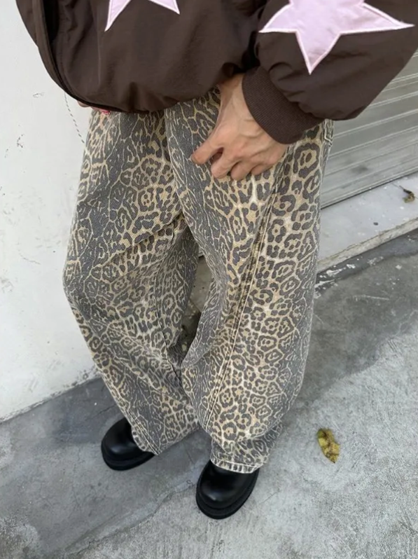 Dam Jeans Leopardmönster Trendig Högkvalitativ Denim-5