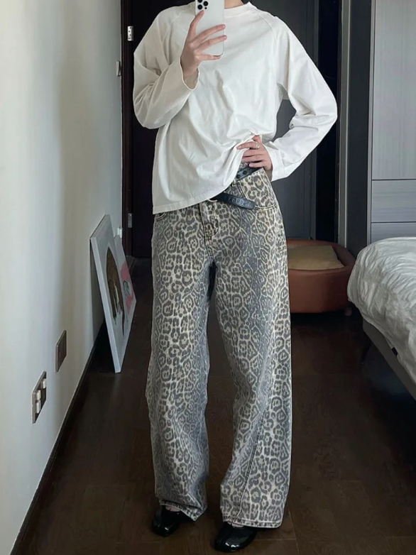 Dam Jeans Leopardmönster Trendig Högkvalitativ Denim-3