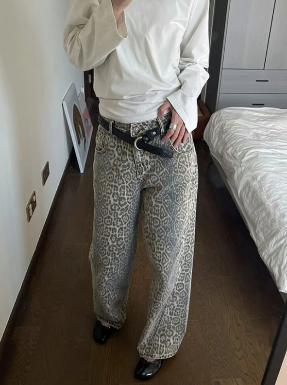 Dam Jeans Leopardmönster Trendig Högkvalitativ Denim-4