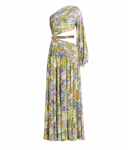 Blommig Långärmad Klänning Dam med Gyllene Midjekedja – Vårklänning i Polyester med Färgglatt Mönster 1