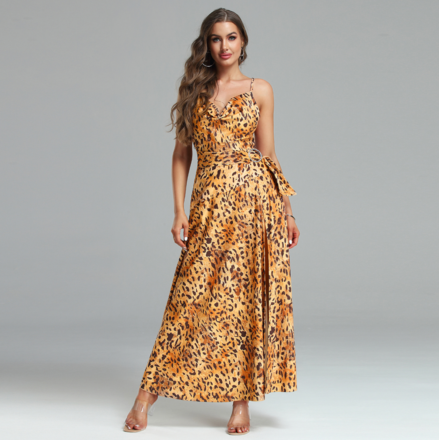 Dam Sommarklänning Cheetah Mönster Hög Slits Polyester-5