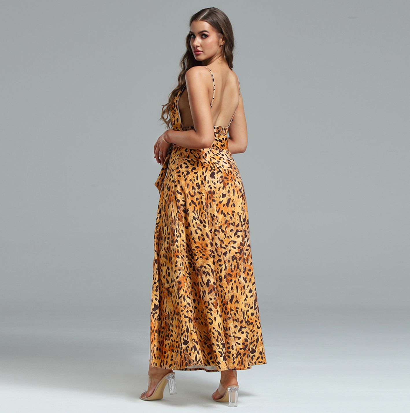 Dam Sommarklänning Cheetah Mönster Hög Slits Polyester-6