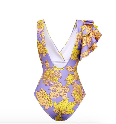 Blommig BaddrĂ€kt Dam med Ruffles och V-Hals â BekvĂ€m Shaping BaddrĂ€kt i Nylon och Spandex 1